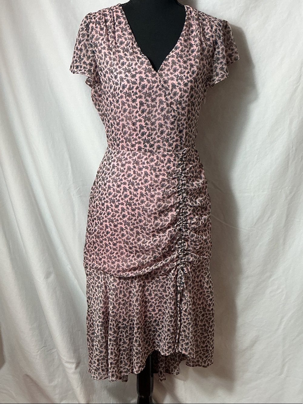 Sam Edelman Pink Floral Ruched V-Neck Midi Dress